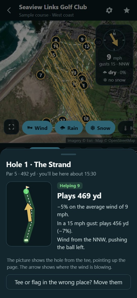 One hole, how it plays in today's wind, in WindTee Golf
