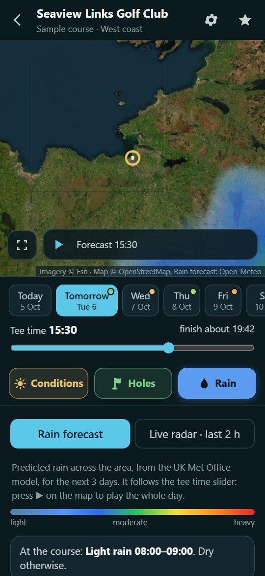 Rain forecast across a course in WindTee Golf